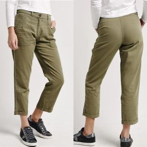 Monrow High Waist Ankle Cropped Cuffed Studded Military Straight Leg Cargo Pants